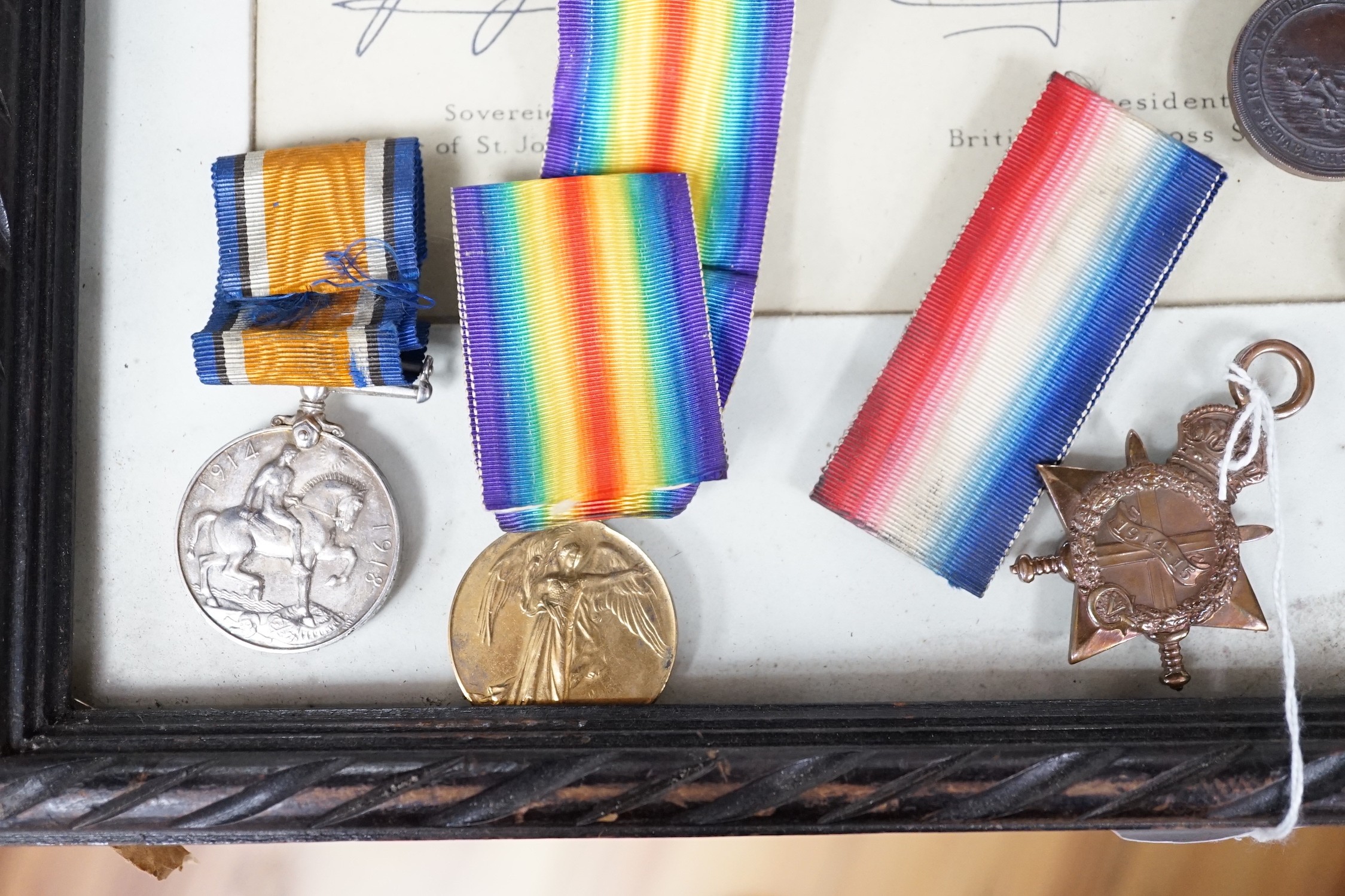 WWI medals - a pair to 254774. PTE. 1 . A.Tilley. RAF, a trio to J.12326 J.T.W.J. Wooding. A.B. R.N., A war organisation of the British Red Cross Society presentation certificate and other medals